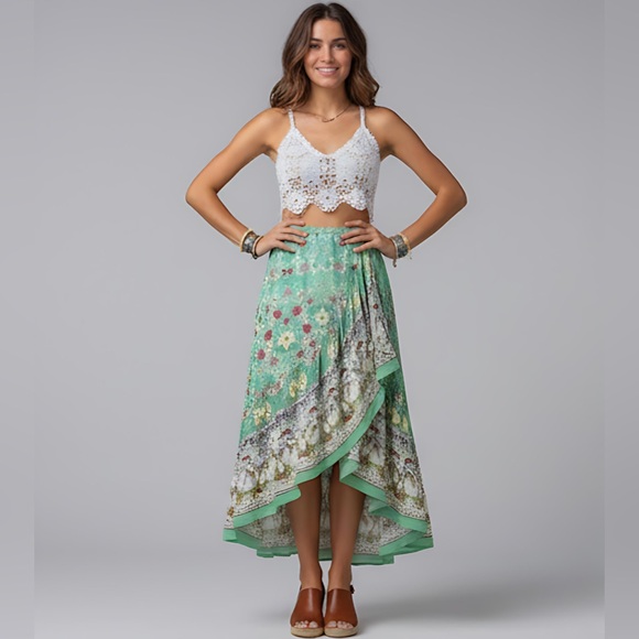 Green Boho Asymmetrical Hem Floral Printed Skirt - Picture 1 of 7